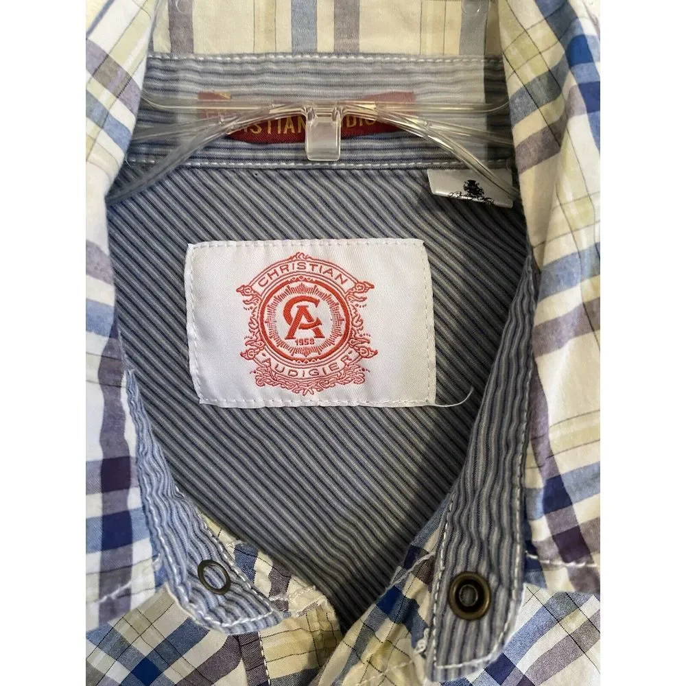 Christian Audigier Shirt size XL Pearl Snap Blue Tan Plaid‎ Long Sleeve Western